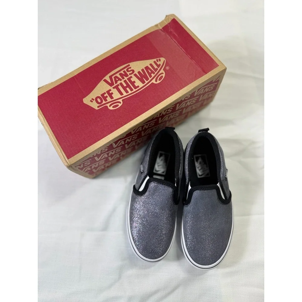 Vans Asher Slip On Shoes Girls 13 Shimmer Black Glitter Sneakers New Box